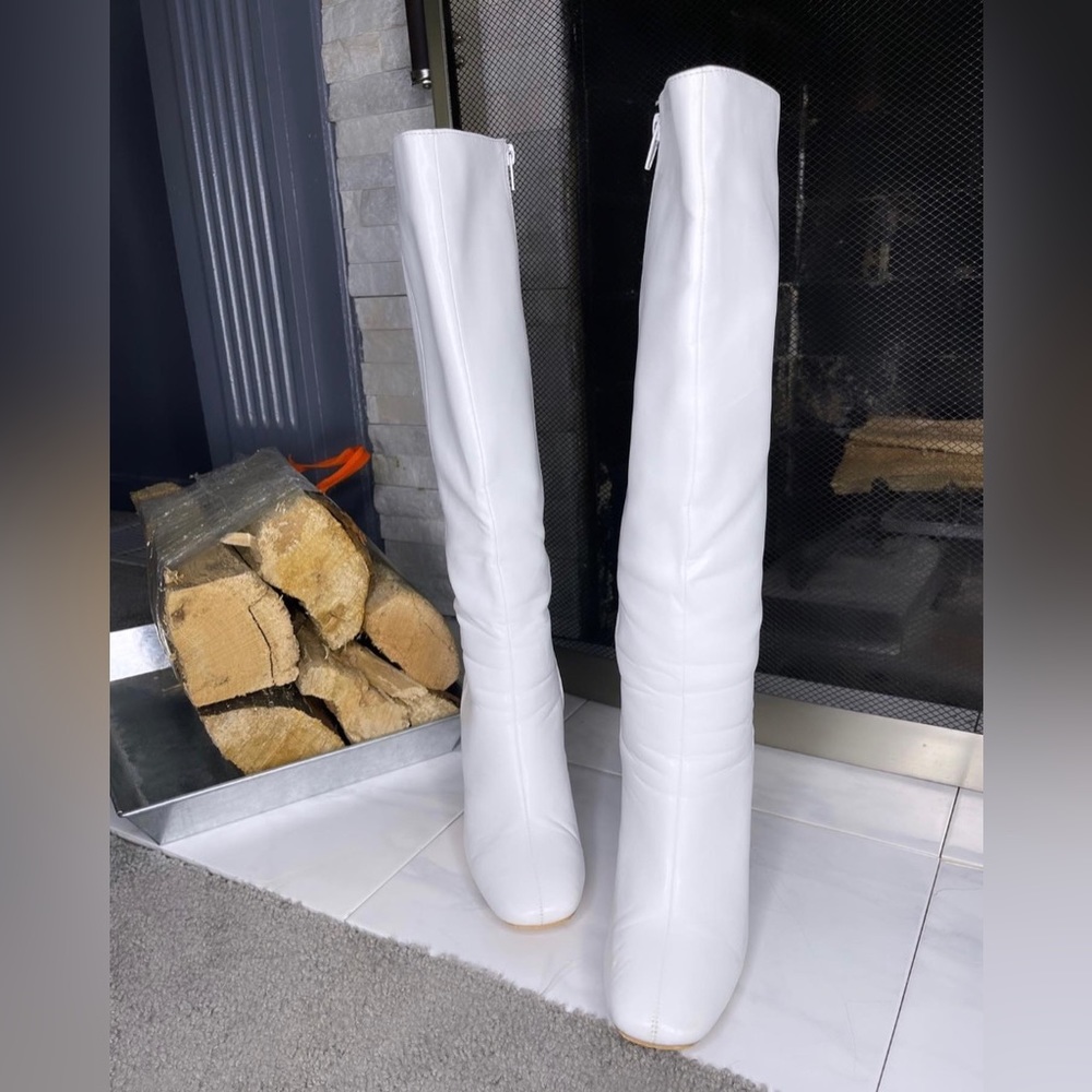 White knee high heel boots